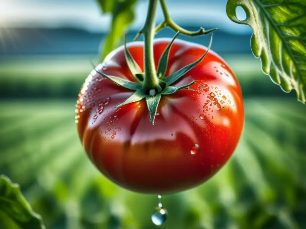 Tomate maduro rojo brillante con gotas de agua, en un campo agrícola con impacto histórico