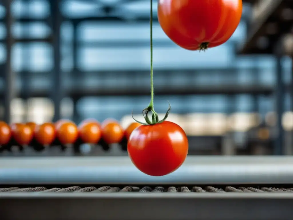 Tomate maduro suspendido frente a maquinaria industrial, representando el impacto de la Revolución Industrial en la dieta y el consumo