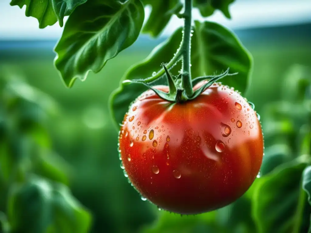 Un tomate maduro y vibrante en una planta, con textura detallada y gotas de agua, simbolizando el impacto de cultivos europeos en Sudamérica