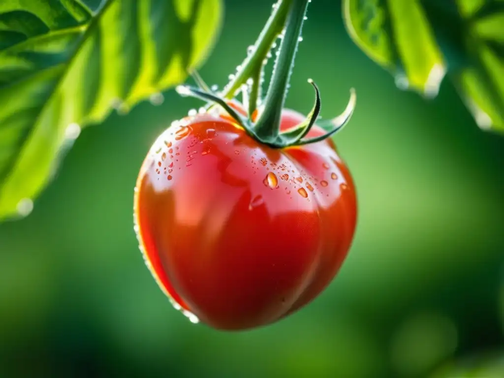 Tomate San Marzano maduro en la vid con rocío bajo la luz matutina