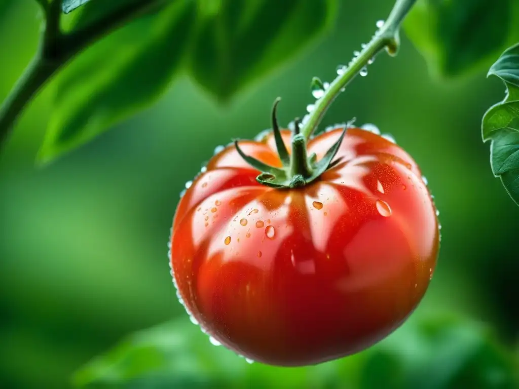 Tomate San Marzano rojo brillante, recién cosechado en un jardín italiano, con gotas de rocío