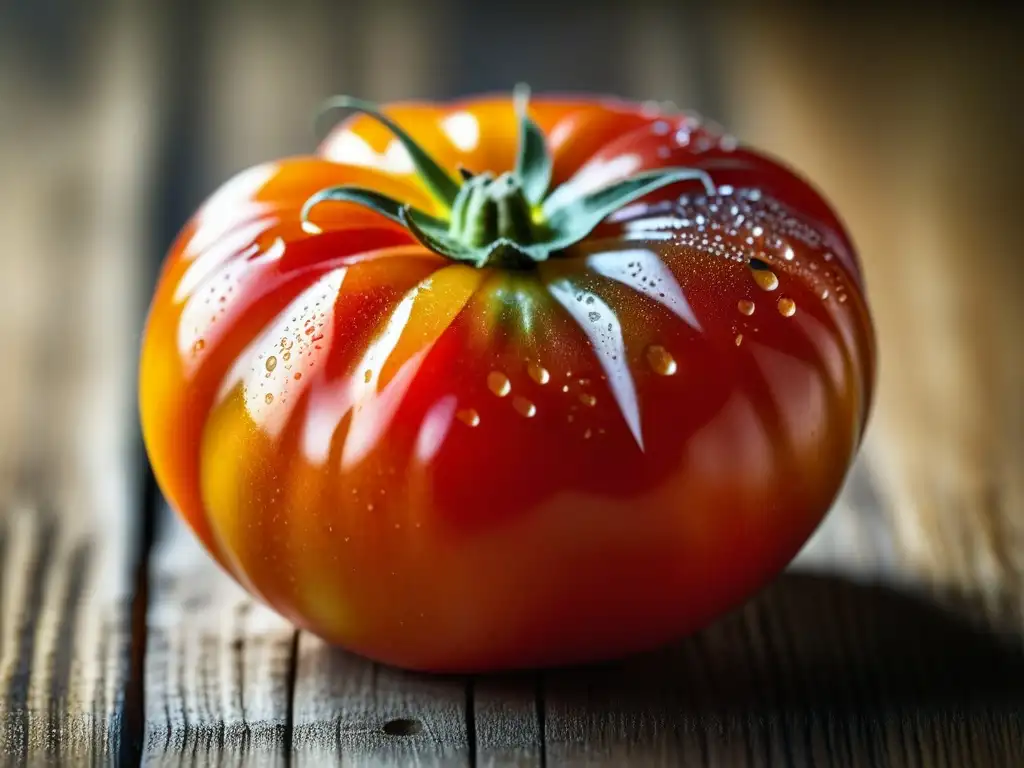 Una tomate orgánico brillante sobre mesa rústica, resaltando su belleza natural