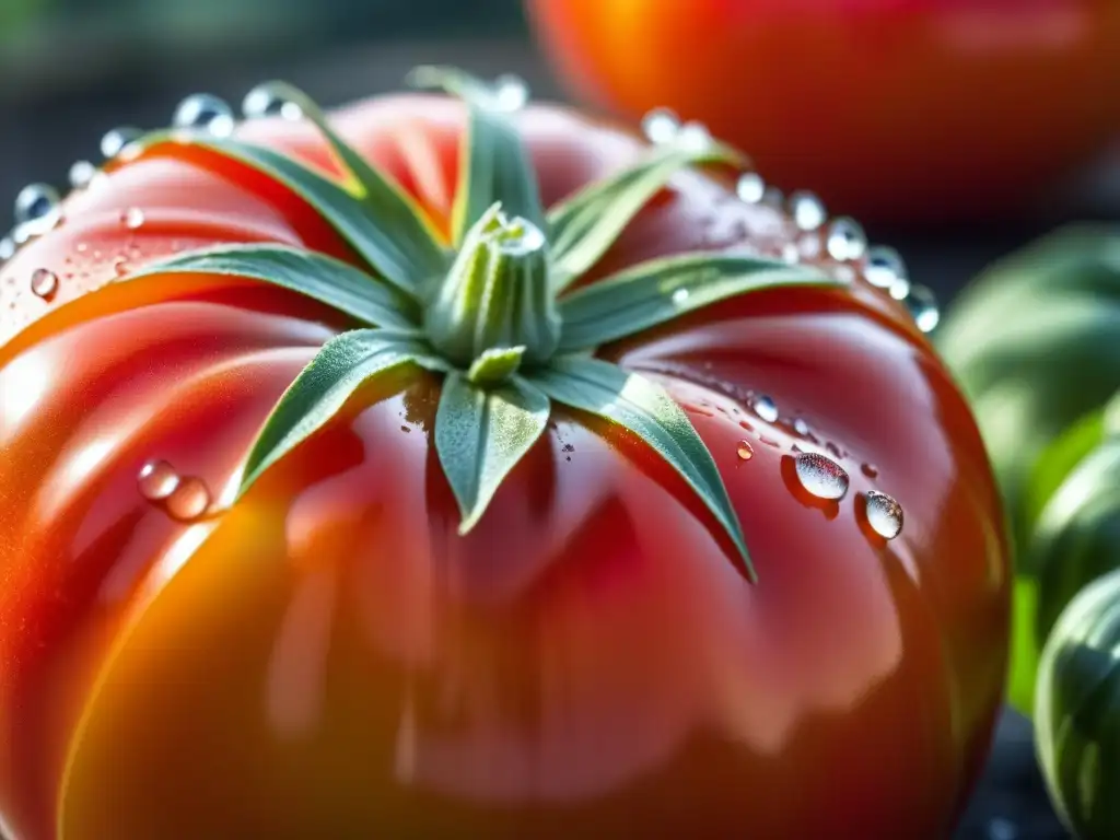 Tomate orgánico recién cosechado brillante bajo el sol de la mañana