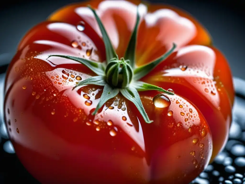 Un tomate orgánico recién cosechado bajo la luz matutina, resaltando la importancia productos orgánicos gastronomía