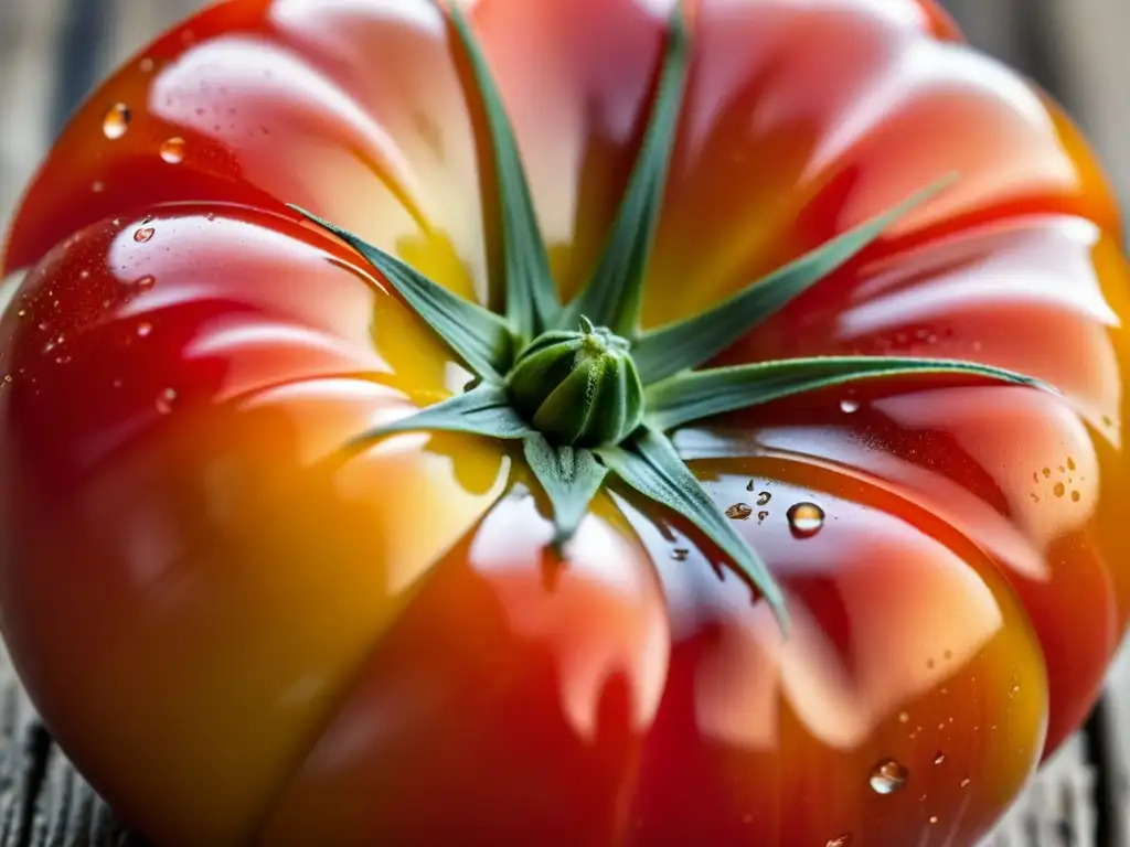 Una tomate orgánico recién cosechado sobre madera, destacando su belleza natural