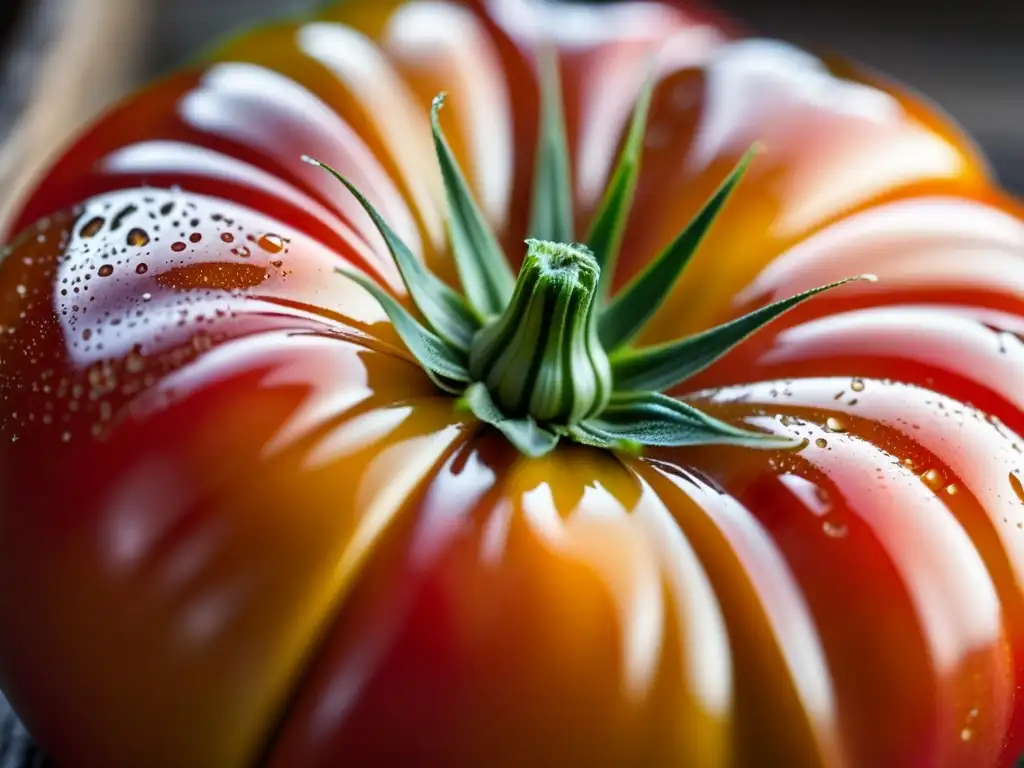 Una tomate orgánico histórico, fresco y vibrante, con gotas de agua brillantes en su piel suave, en un bol de madera antiguo