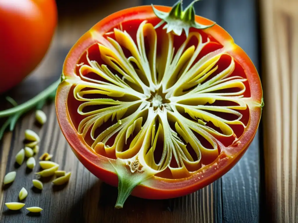 Tomate heirloom rebanado en tabla de cortar, detalle de colores y semillas