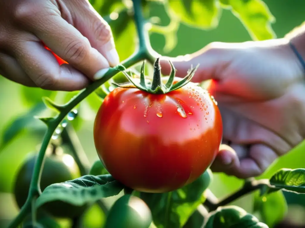 Tomate rojo brillante recién cogido de la vid en una granja orgánica soleada