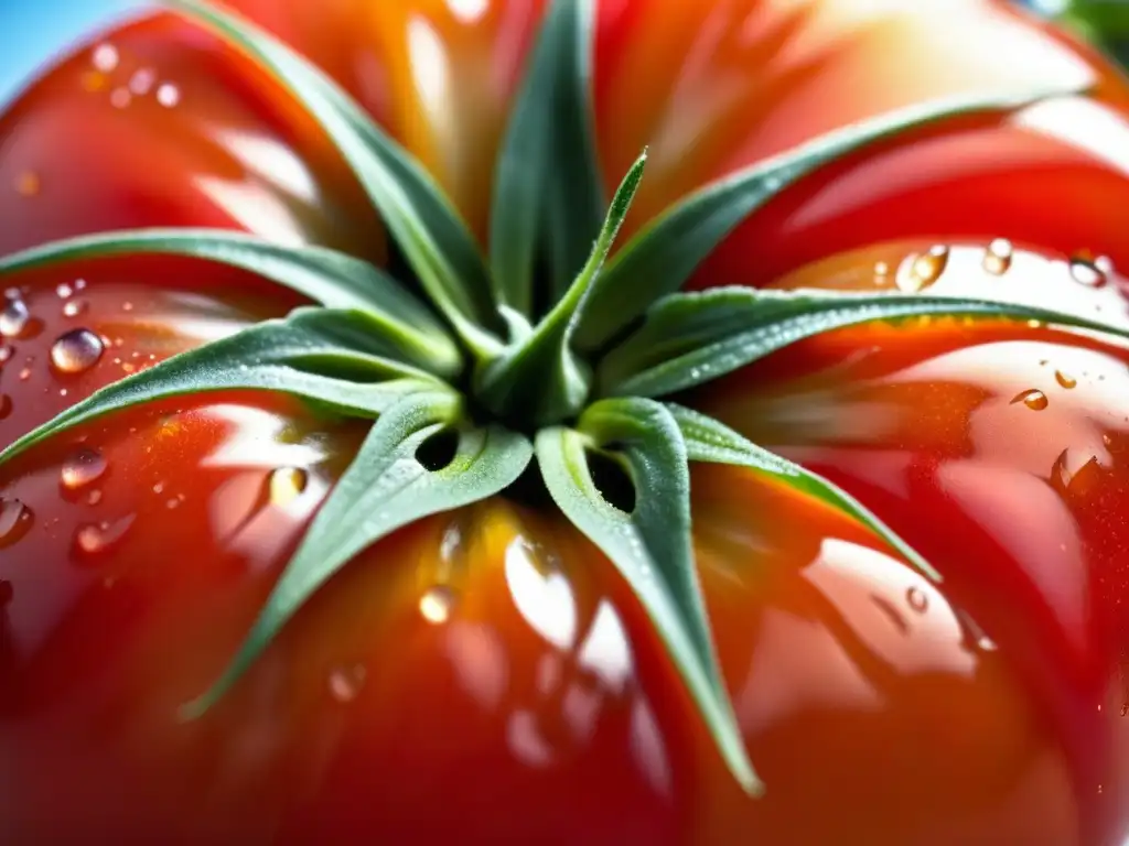 Tomate rojo brillante recién recogido en granja isleña sostenible, rodeado de hierbas y vegetales coloridos