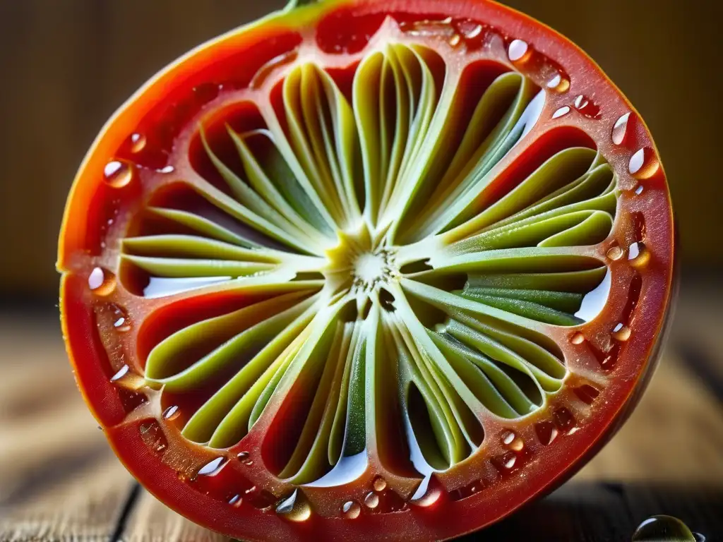 Una tomate rojo y jugoso cortado por la mitad sobre tabla de madera rústica, resaltando frescura y belleza natural