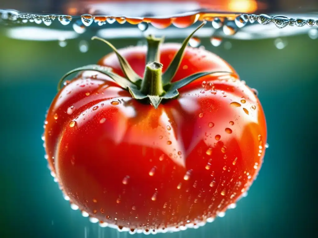 Tomate rojo jugoso suspendido en agua con gotas, resaltando su frescura y textura
