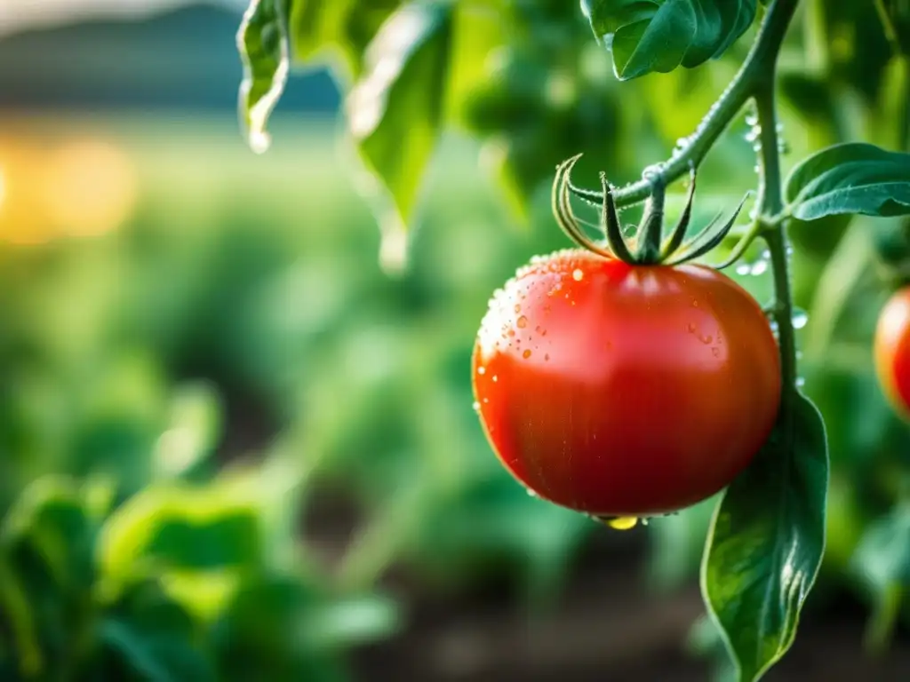 Tomate rojo maduro brillante en campo tradicional español al amanecer