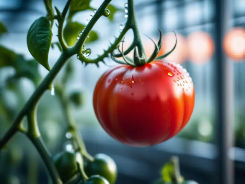 Un tomate rojo maduro en una cocina de invernadero en Escandinavia, iluminado por la luz natural