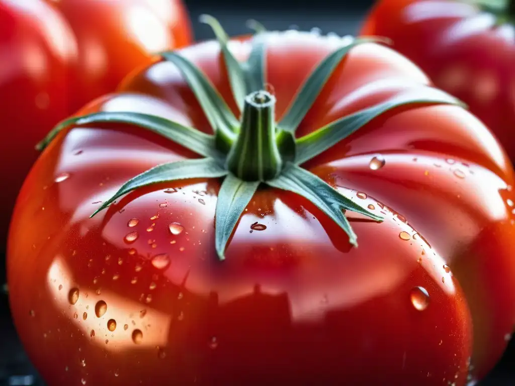 Tomate rojo maduro con gotas de agua brillantes, semillas y pelos en su tallo