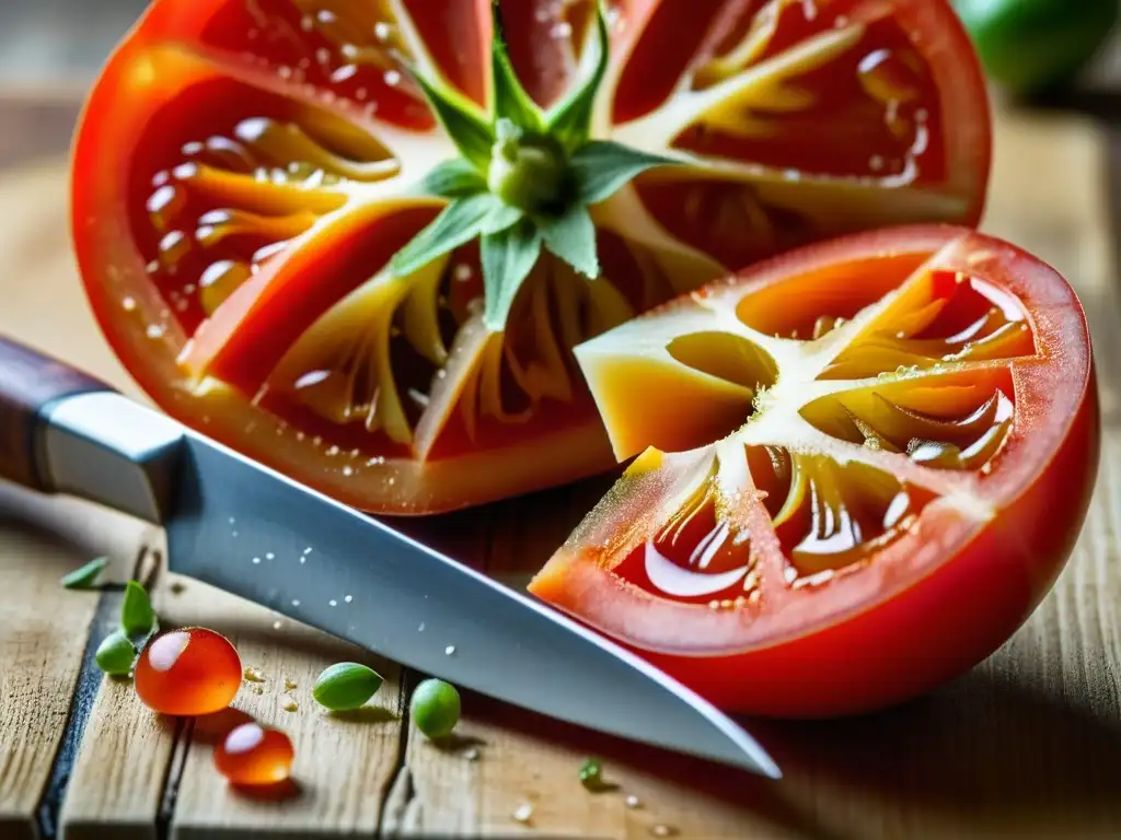 Tomate rojo jugoso cortado: ingrediente clave para salsa en Hispanoamérica Una tomate rojo maduro siendo cortado, con semillas jugosas y pulpa fresca, sobre tabla de madera rústica