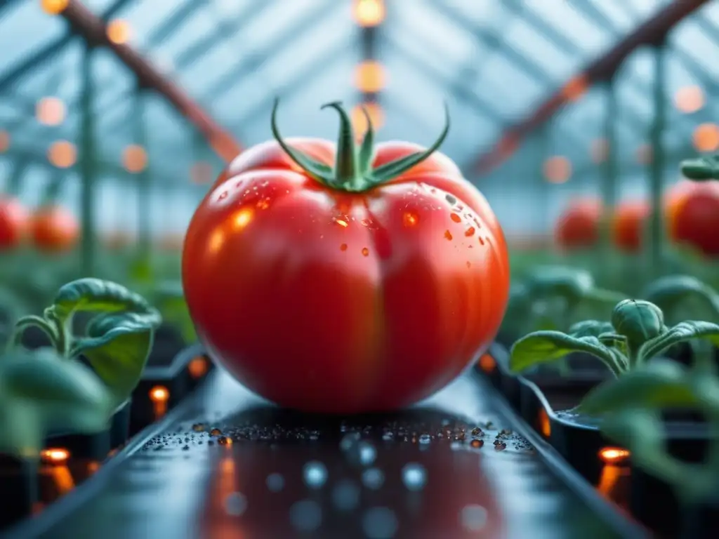 Una tomate rojo vibrante en un invernadero de alta tecnología en Escandinavia