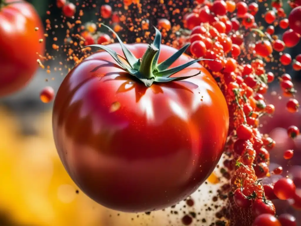 Un tomate rojo vibrante en pleno vuelo antes de caer al suelo en La Tomatina, Buñol, España