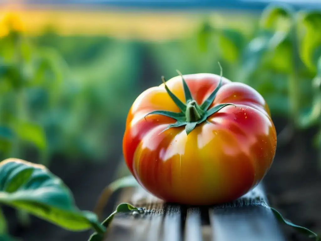 Tomate de variedades vibrantes en una granja sostenible, con gotas de rocío