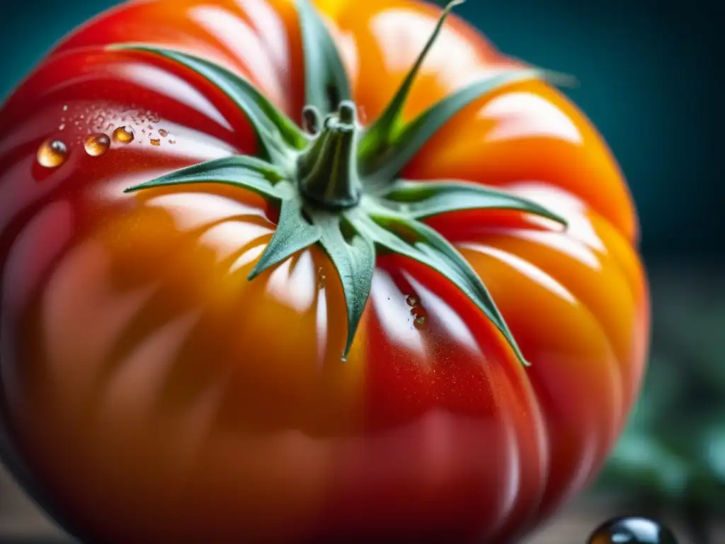 Una tomatera orgánica recién cosechada con gotas de agua, reflejando la luz natural