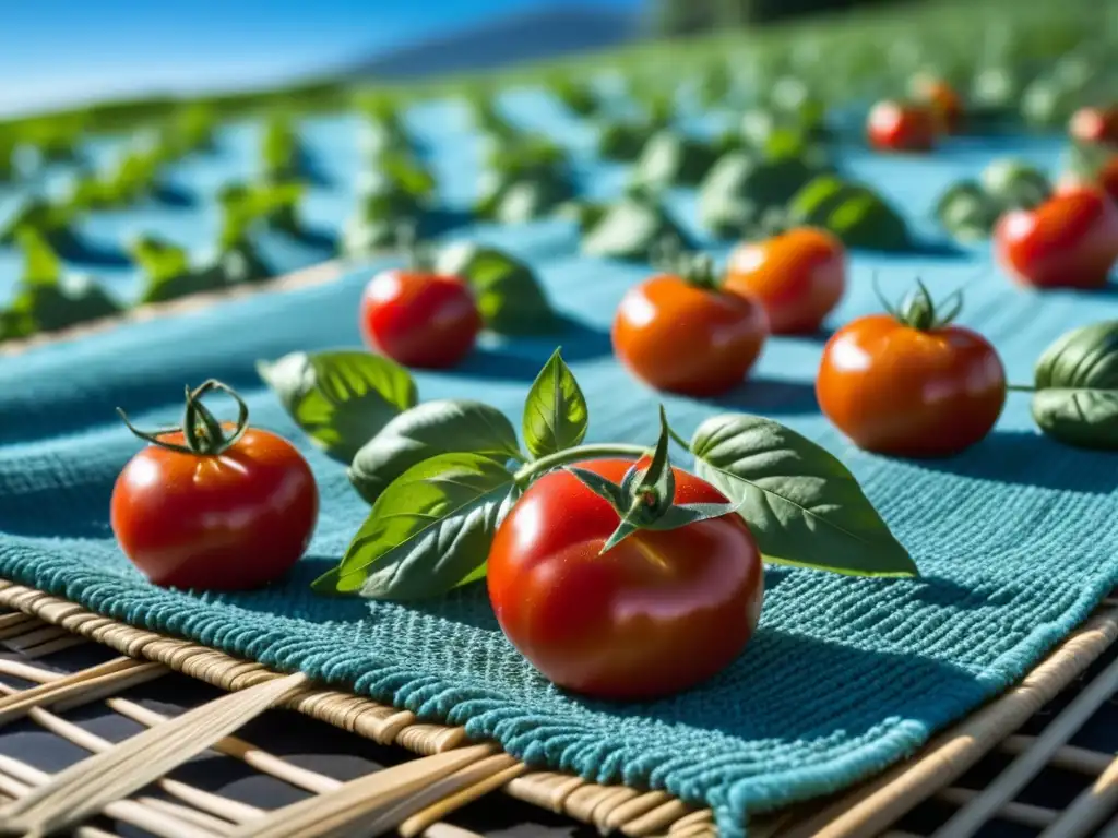 Tomates y albahaca secándose al sol, resaltando la belleza natural de la técnica de secado solar