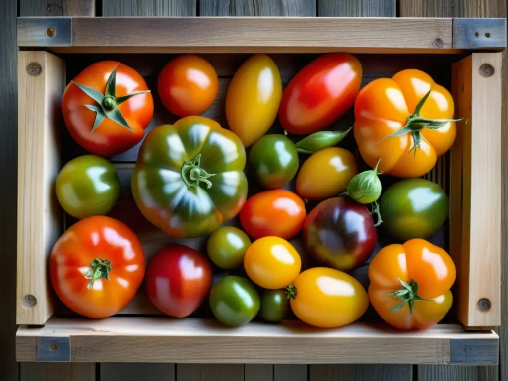 Tomates ancestrales de colores vibrantes y formas diversas en caja de madera rústica