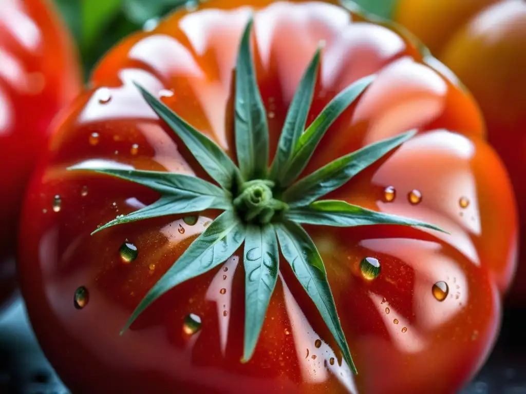 Tomates en la cocina italiana: Detalle de tomates rojos y brillantes recién cosechados en un jardín, con gotas de agua y hojas de albahaca