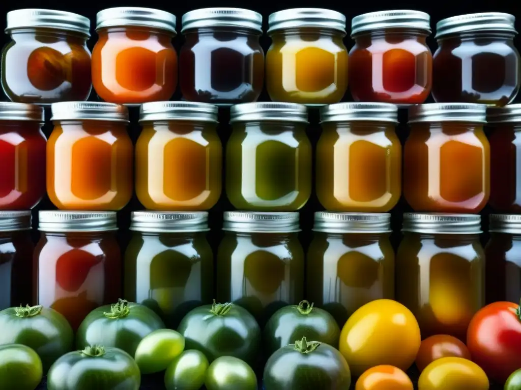 Tomates heirloom fermentando en frascos de vidrio, resaltando burbujas y patrones