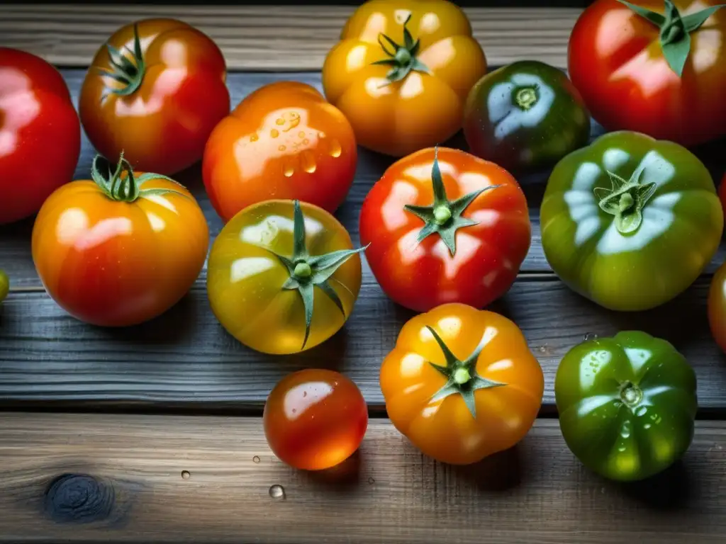 Tomates herencia: diversidad y belleza en la mesa Tomates herencia de colores y formas diversas, reflejando el Impacto del Intercambio Colombino en la Alimentación