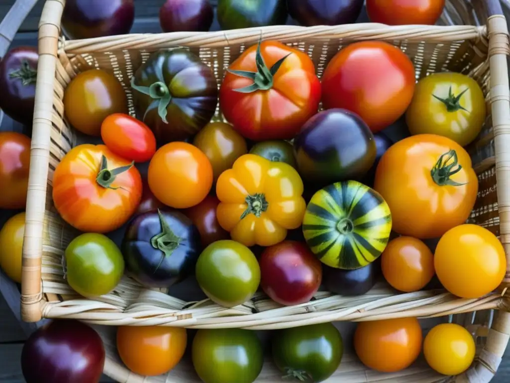 Tomates hermosos de colores variados en cesta tejida, reflejando la diversidad del cultivo orgánico en tradiciones culinarias