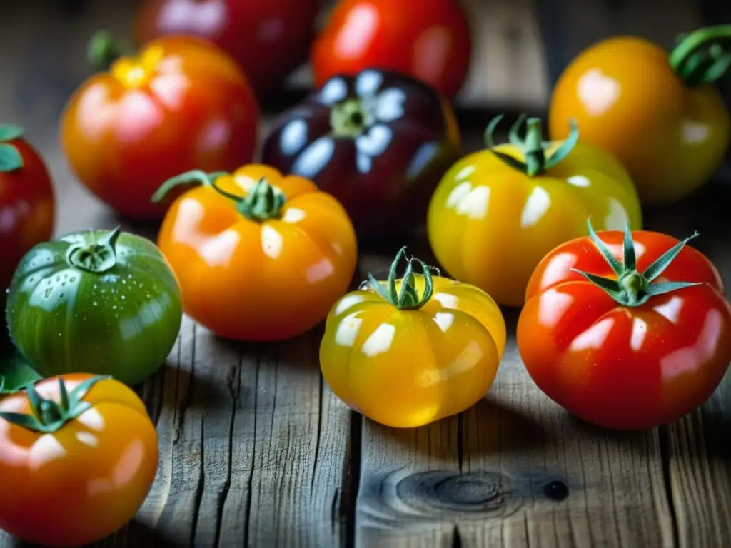 Tomates hermosos de colores vibrantes en una mesa rústica, resaltando la relevancia de recetas históricas y culturales