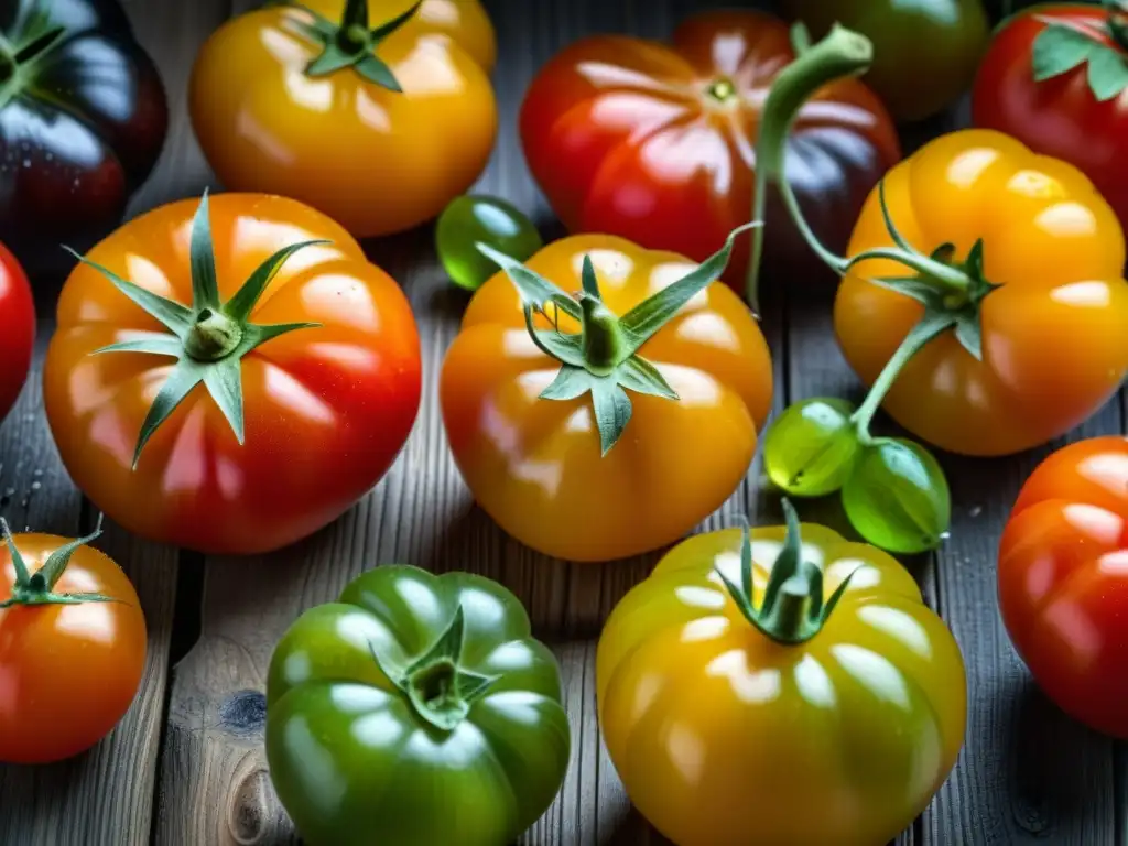 Tomates hermosos, vibrantes y antiguos ricos antioxidantes en fondo de madera rústica