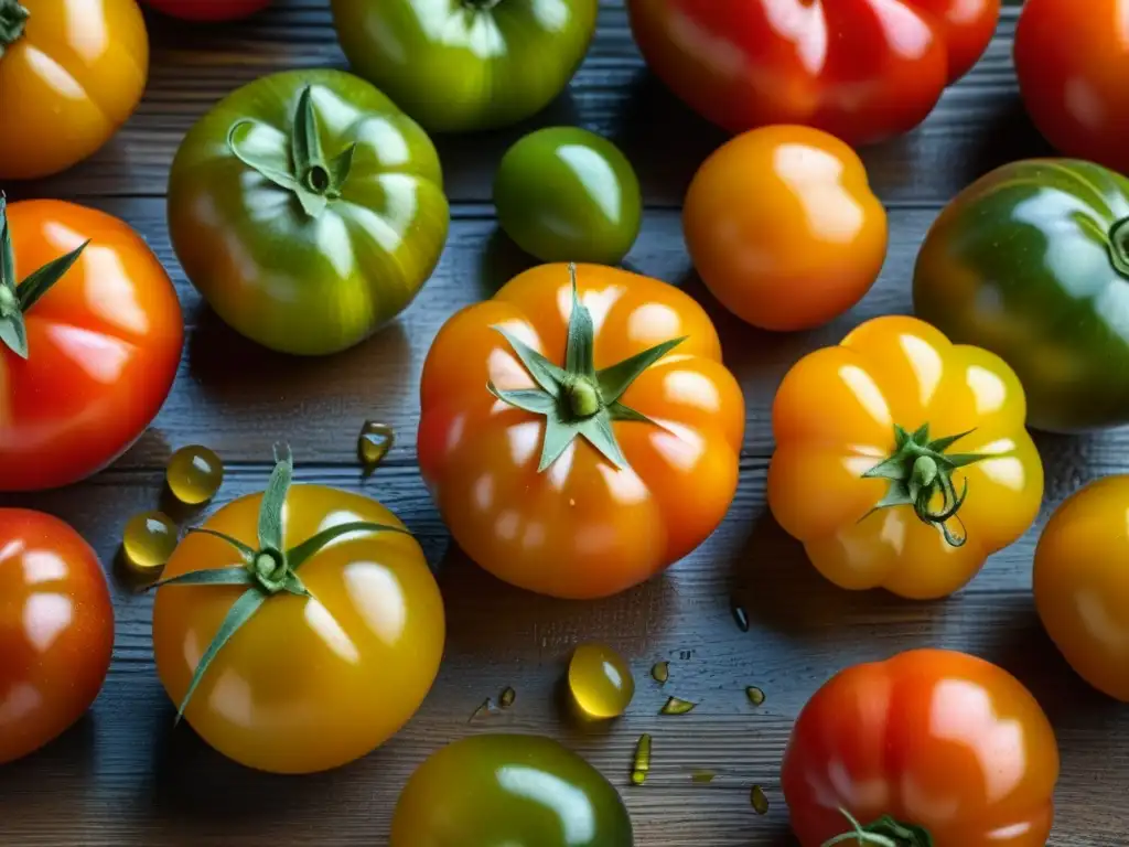 Tomates históricos en mesa rústica: formas, colores y texturas vibrantes, destacando su belleza orgánica