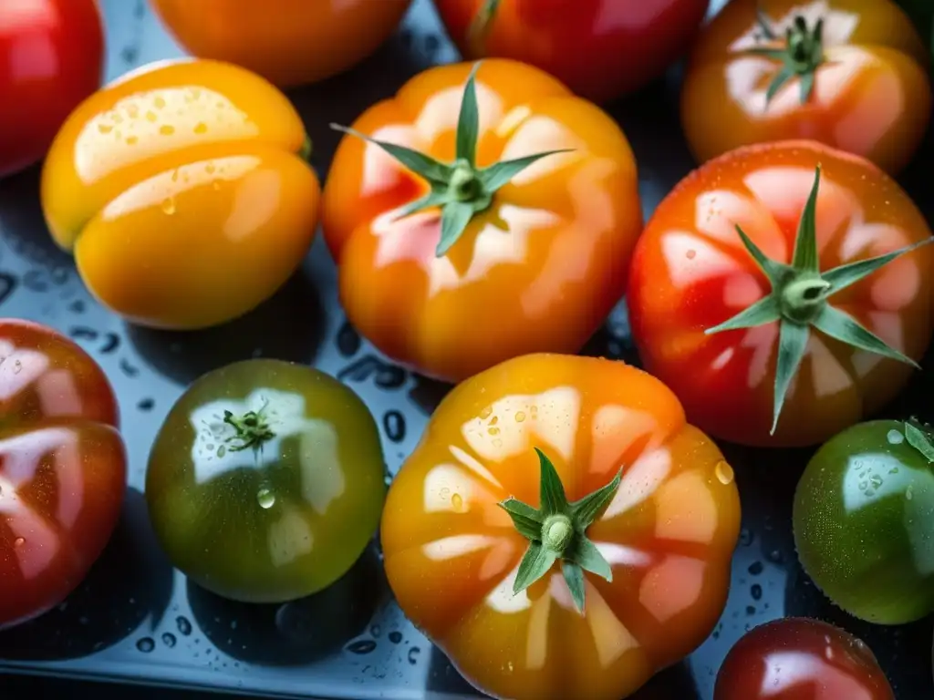 Tomates orgánicos de colores vibrantes en un invernadero, mostrando la belleza de la diversidad natural