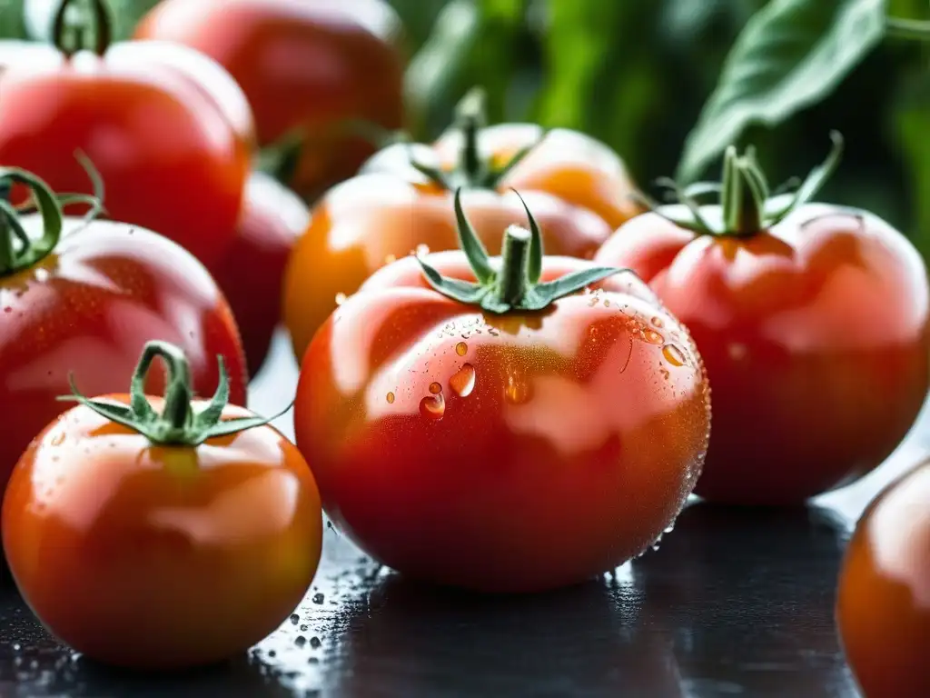 Tomates orgánicos recién cosechados, variados en formas y tamaños, brillantes bajo la luz suave del invernadero