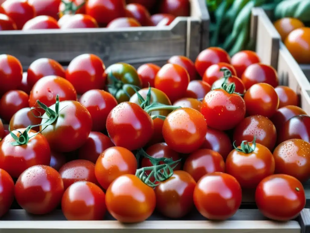 Tomates rojos frescos en caja de madera en mercado español tradicional