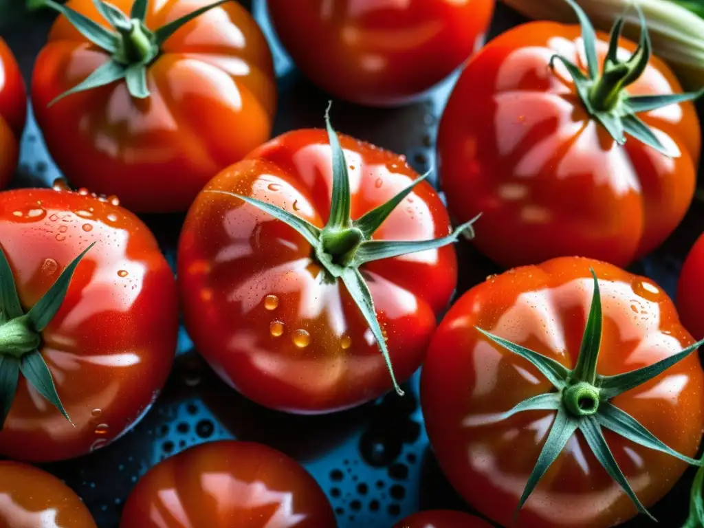 Tomates rojos maduros recién cosechados, con gotas de agua y pelos en los tallos, simbolizando el impacto de cultivos europeos en Sudamérica