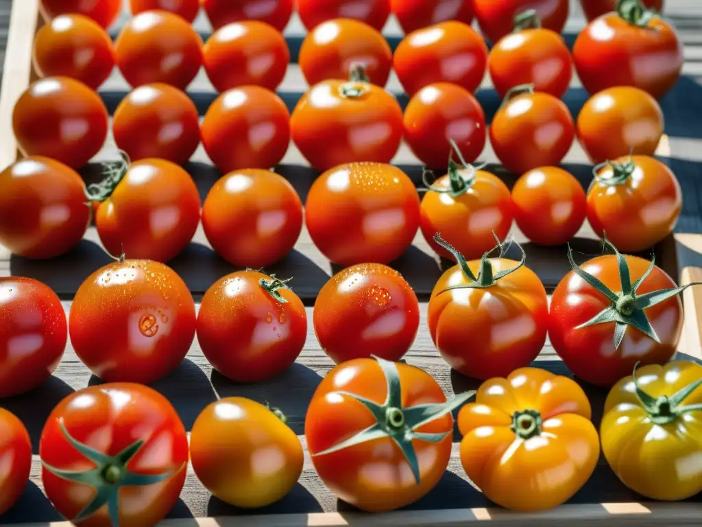 Tomates rojos perfectamente maduros secándose al sol en un viejo estante de madera, resaltando la frescura de la técnica de secado solar