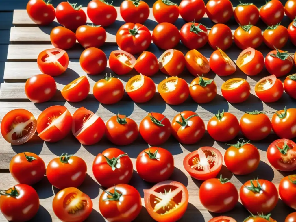 Tomates rojos rebanados en círculos concéntricos sobre un secadero de madera bajo el sol intenso