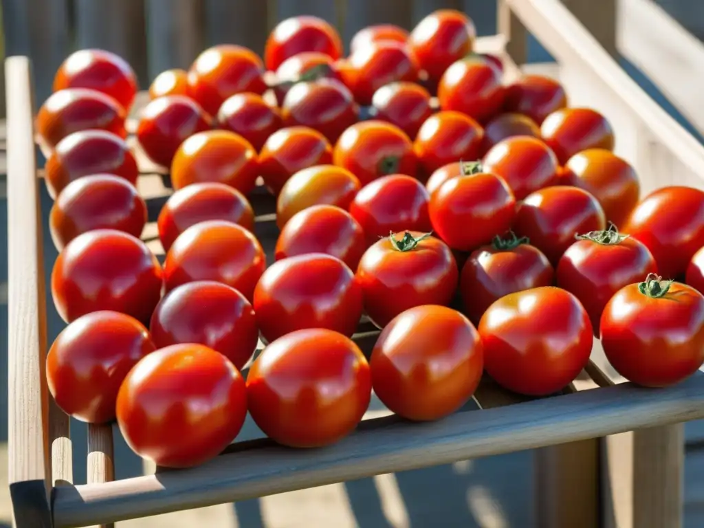 Tomates rojos secándose al sol en un antiguo bastidor de madera, representando la técnica ancestral de secado solar recetas históricas culturas