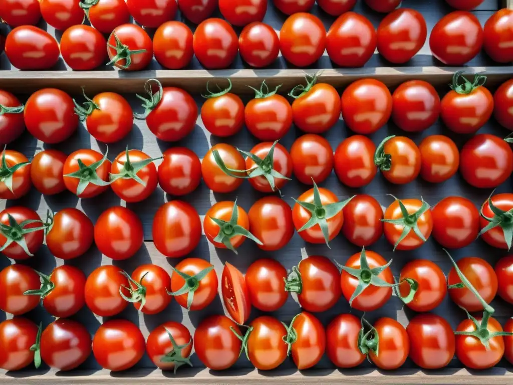 Tomates rojos secándose al sol en bandeja de madera, técnica ancestral de secado solar recetas históricas culturas