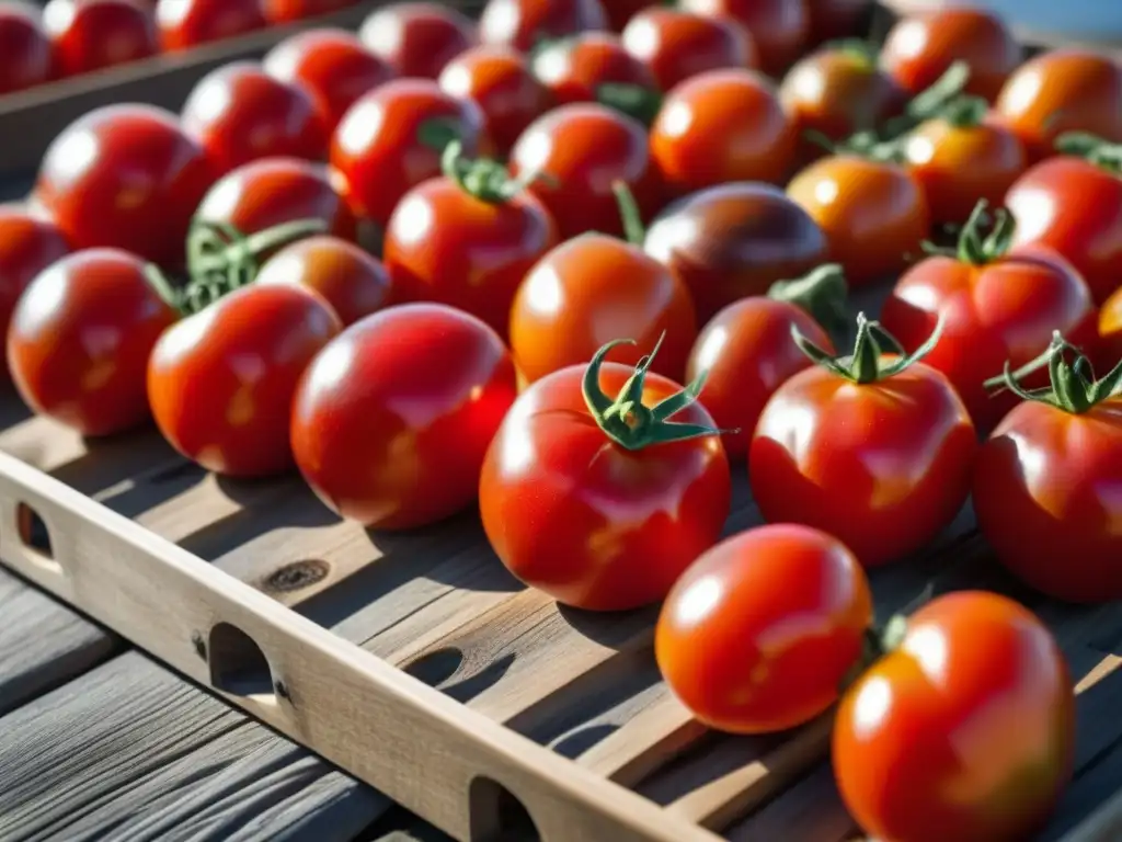 Tomates rojos secándose al sol en bandejas de madera, resaltando las técnicas antiguas de conservación de alimentos modernas