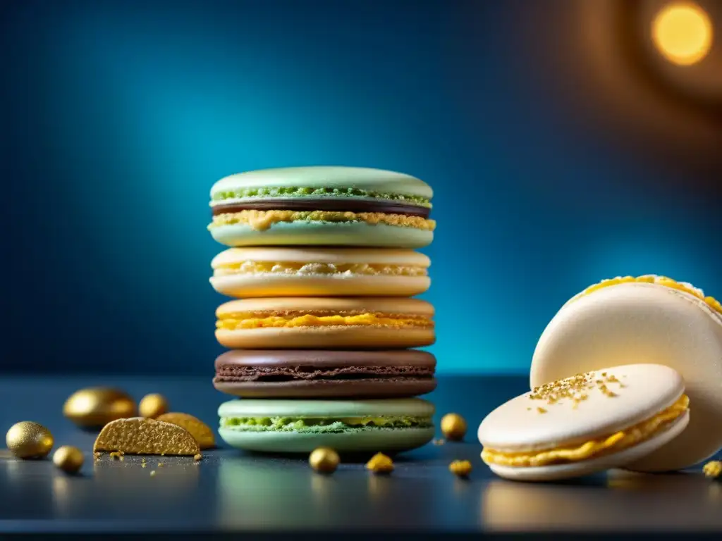 Una torre de macarons franceses bellamente elaborados, con colores vibrantes y detalles meticulosos, en una pastelería parisina