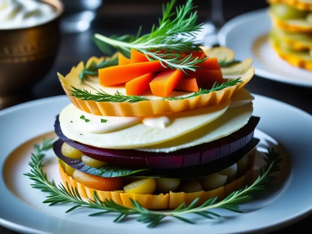 Una torre de verduras Napoleon rusa, con influencia Zares, capta la esencia de la cocina rusa en una obra de arte culinaria