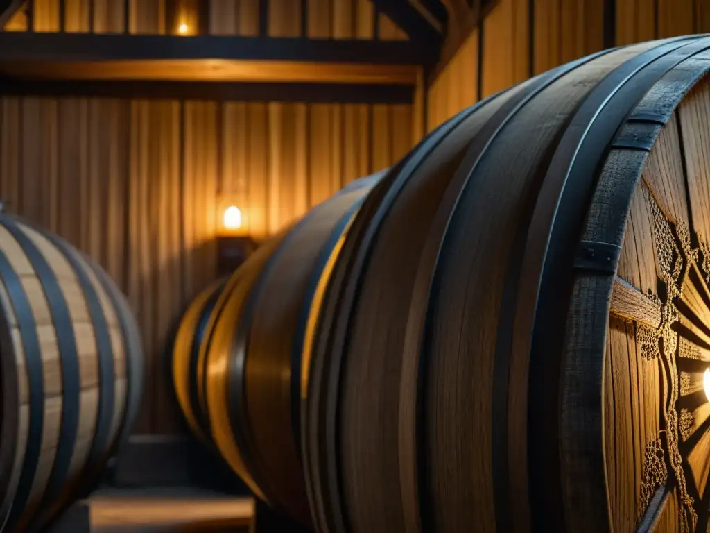 Tour por antiguas bodegas en Europa: red de telarañas entre barricas de roble en bodega centenaria iluminada por vela