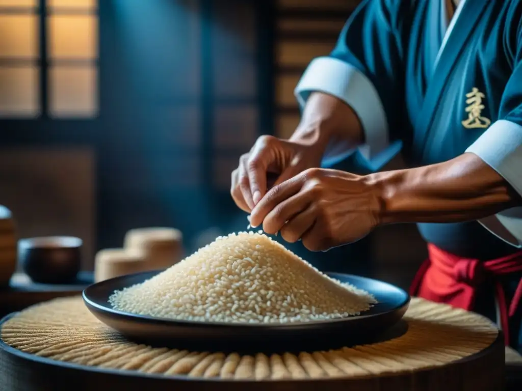 Un trabajador de una antigua destilería de sake japonés, puliendo granos de arroz a mano