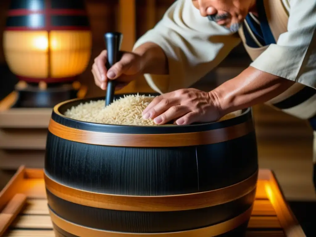 Un trabajador de bodega de sake japonés puliendo un barril de madera con influencia cultural en licores japoneses Portugal