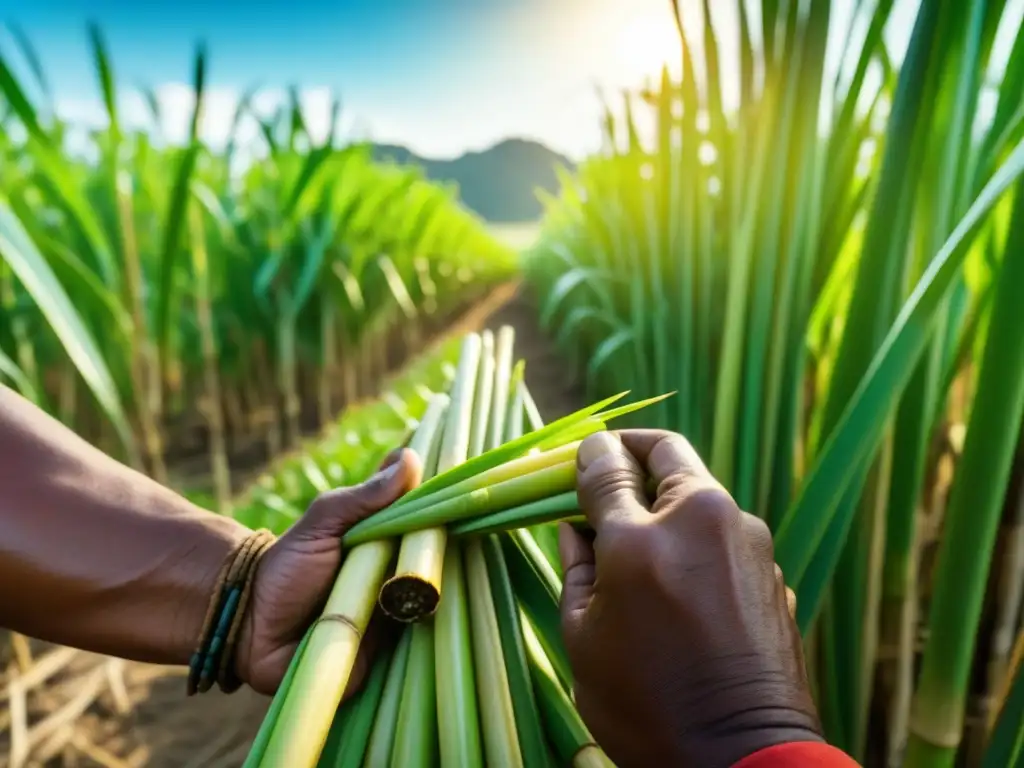 Un trabajador cosechando caña de azúcar a mano en una plantación tropical, destacando el proceso laborioso y la historia del azúcar en Islas