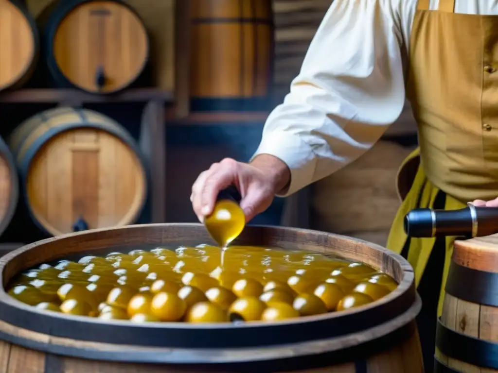 Un trabajador de una cervecería francesa del siglo XVII vierte cuidadosamente sidra recién hecha en barriles de madera, destacando la riqueza histórica de la elaboración de sidra en Francia