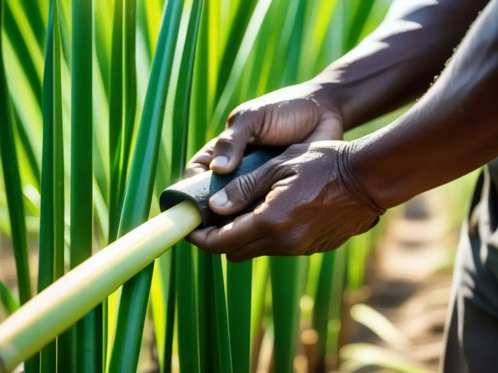 Un trabajador corta caña de azúcar bajo el sol en una plantación, mostrando el origen histórico del azúcar