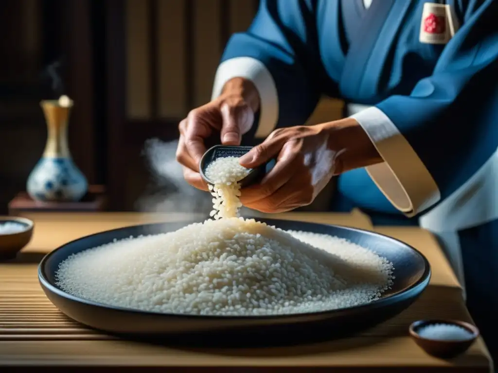 Un trabajador de una destilería japonesa de sake puliendo granos de arroz con precisión y dedicación